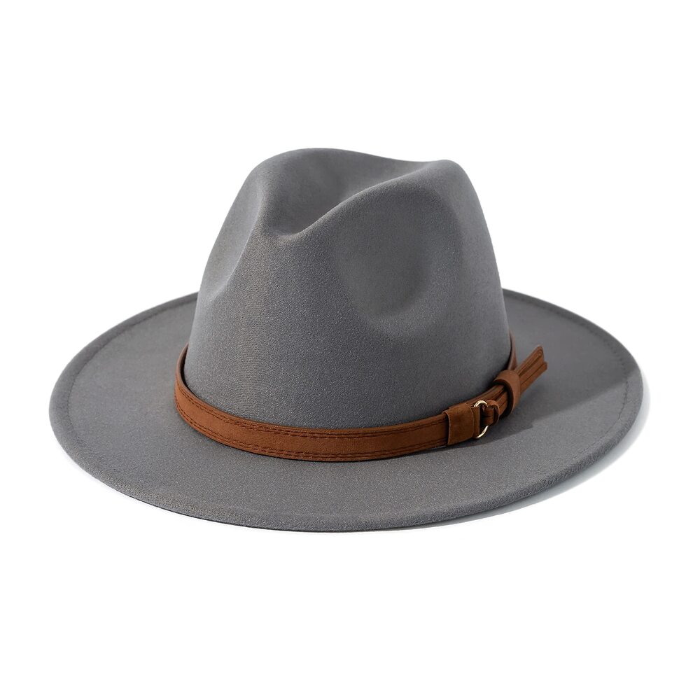 6204 & Vintage Wide Brim Fedora Hat with Belt Buckle A-Light Grey 59-60cm